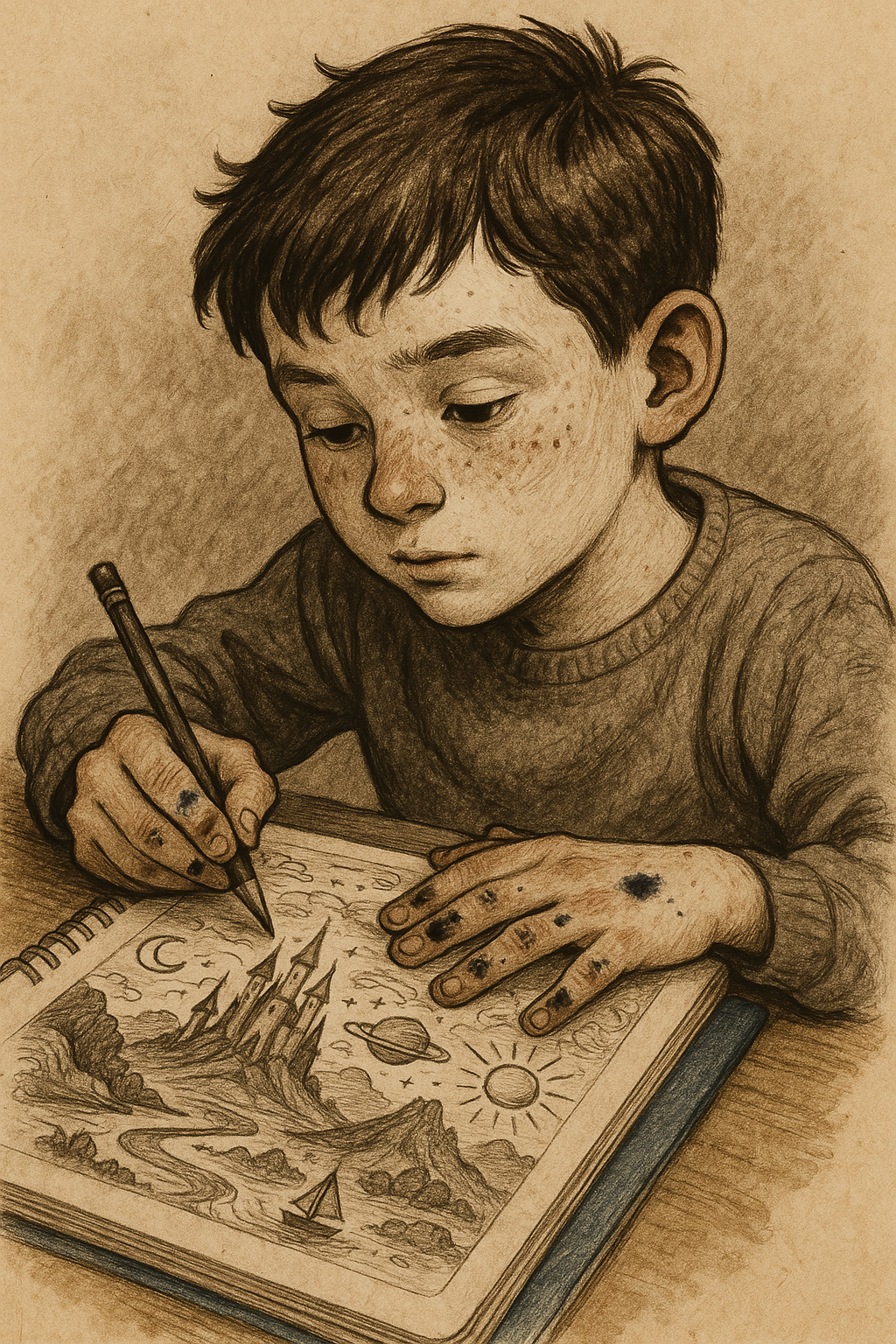 A child sketching on the back of his scholl notebook